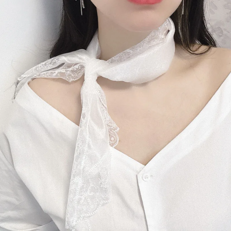 

Женский шарф из органзы с кружевными вставками в сказочном стиле, простой и милый декоративный шарф для шеи, головной платок, нежный и очаровательный.