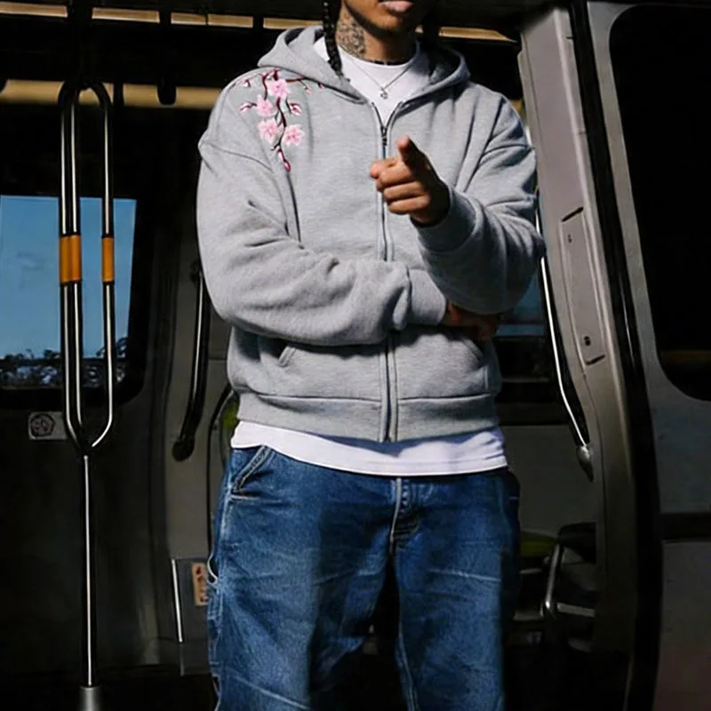 

Мужская и женская свободная толстовка на молнии с капюшоном в американском ретро-стиле Харадзюку, осенне-зимняя, с вышивкой вишневого цвета