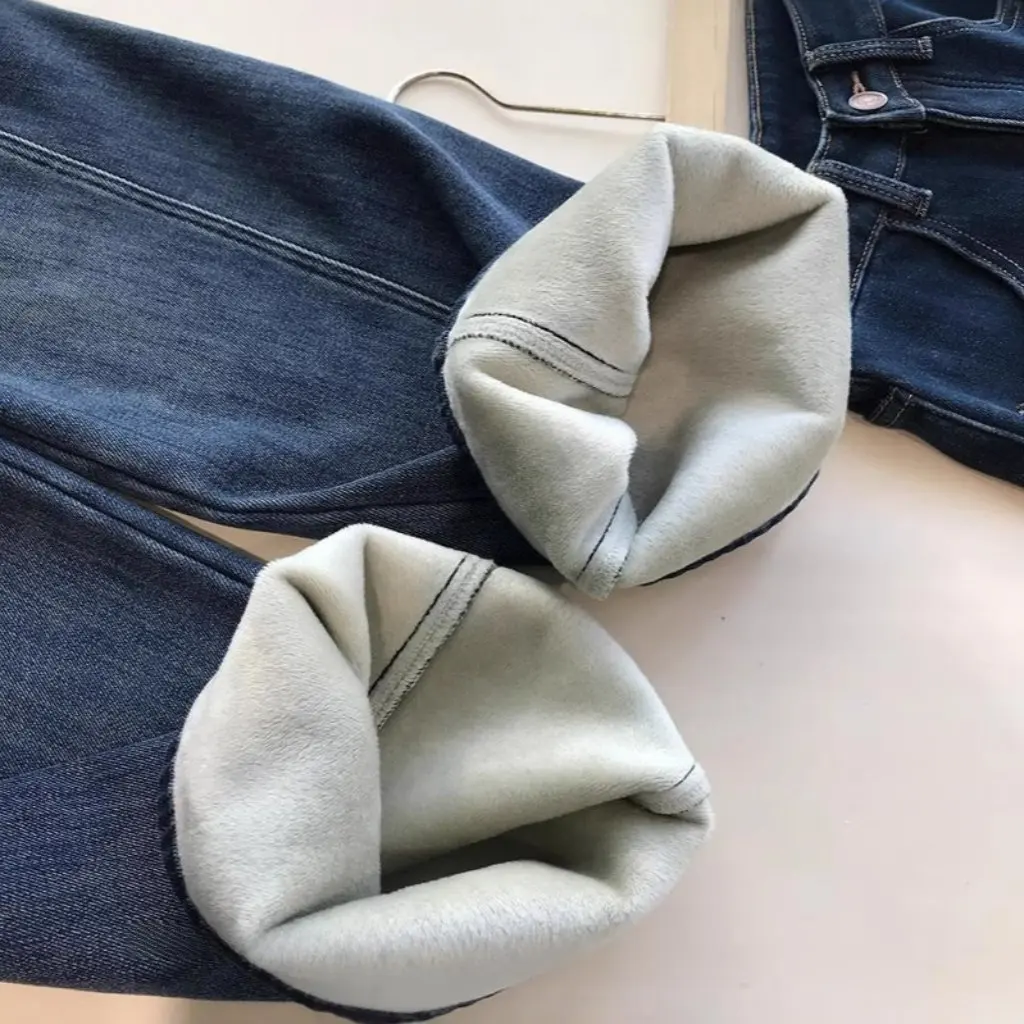 Женские облегающие джинсы на флисовой подкладке, зимние брюки в стиле ретро с высокой талией, норковые бархатные длина до ног F111604