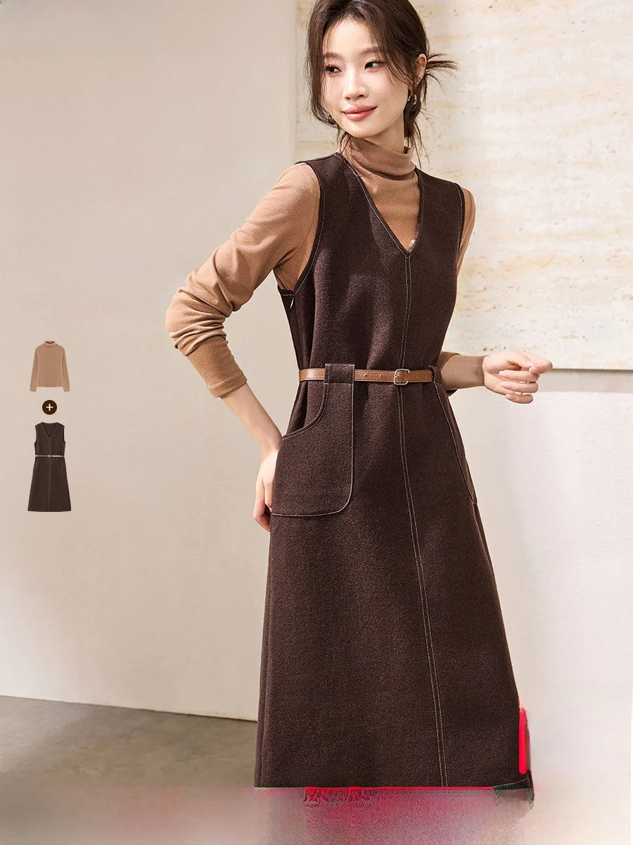 

Зимний высокоэластичный комплект из двух предметов Mehemai с шелковой шерстью и поясом для женщин средней длины в американском стиле