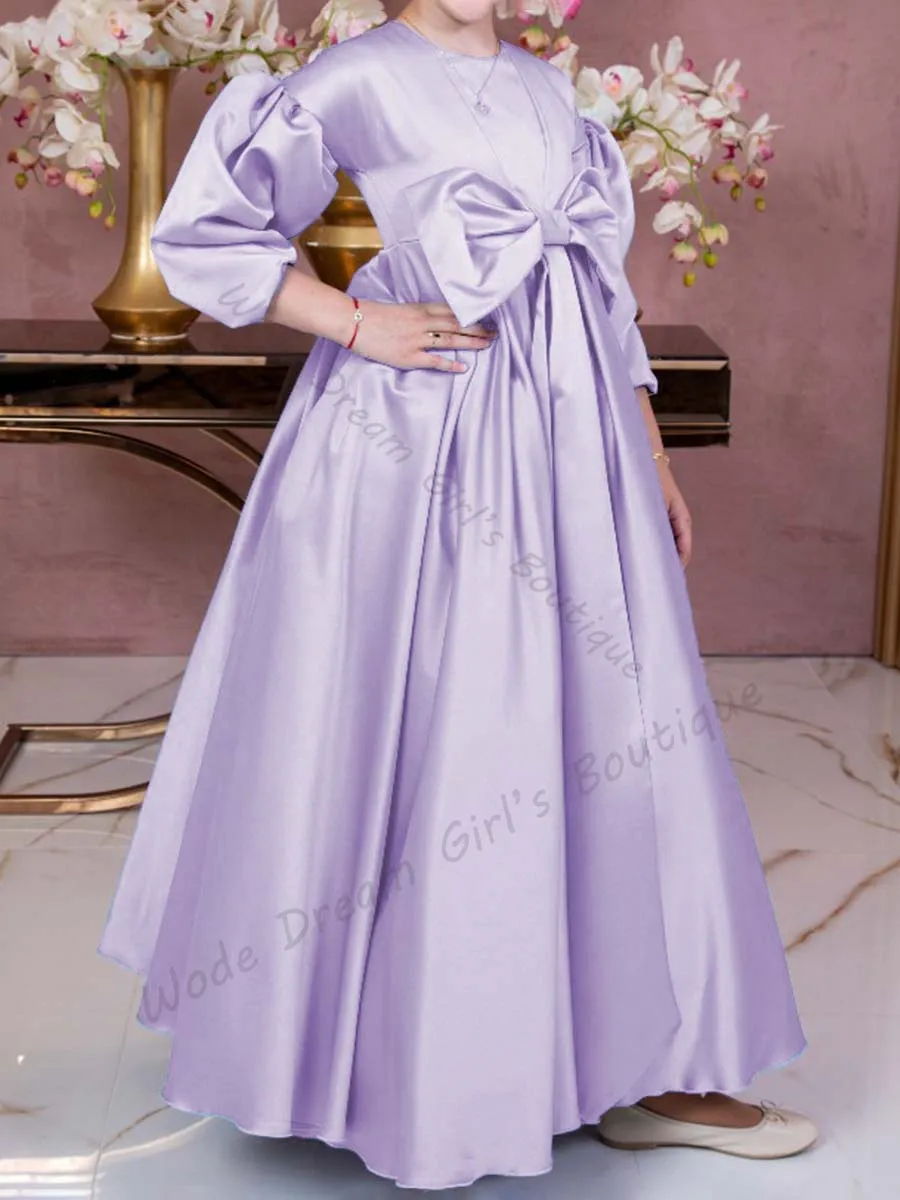 فساتين أنيقة لفتاة الزهور مطوي من الساتان لحفلات الزفاف للفتيات بأكمام بالونية فستان وصيفة العروس صغير بفيونكة فائقة للحفلات