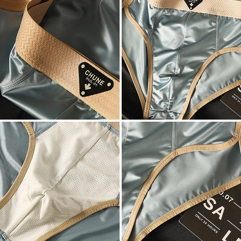 3-pack luxury ice silk satin men's briefs youth sports men's underwear breathable fashionable briefs solid color cool underpants