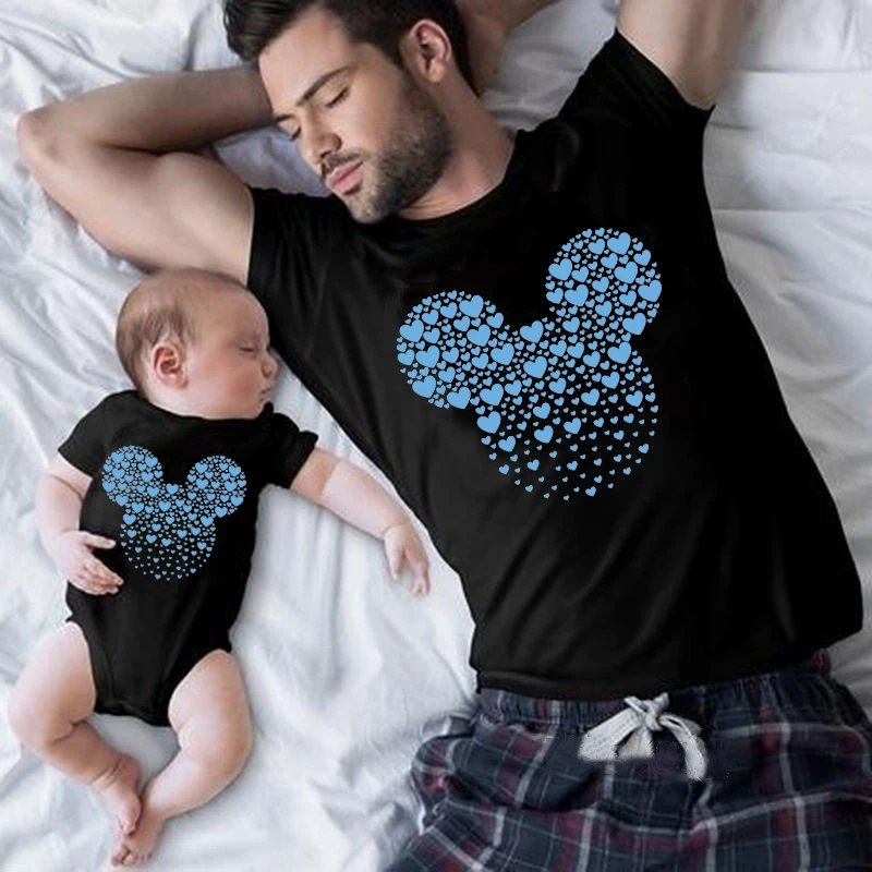 Disney Mickey Minnie Mouse Head Print Family Matching Outfits Daddy Mom Kids Tshirt Baby Bodysuits Cotton Family Look Clothes