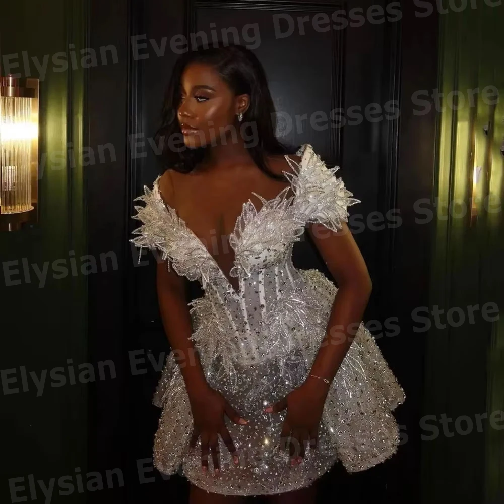Luxurious Mini Women's A Line Off The Shoulder Evening Dresses Customized Robe De Soirée Prom Gowns Beaded Vestidos Para Mujer