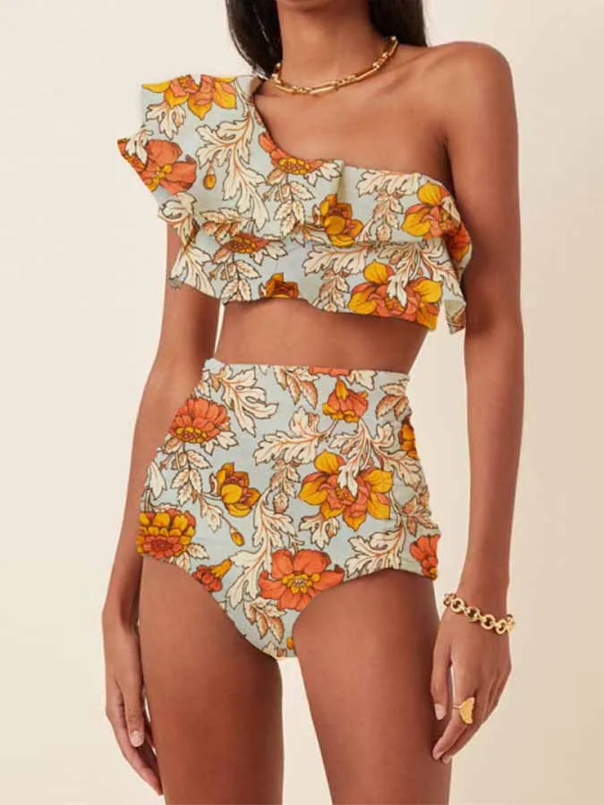 Fashion Women Yellow Flower Print One Shoulder Separate Bikini Swimsuit Ruffle Design High Waist Fit