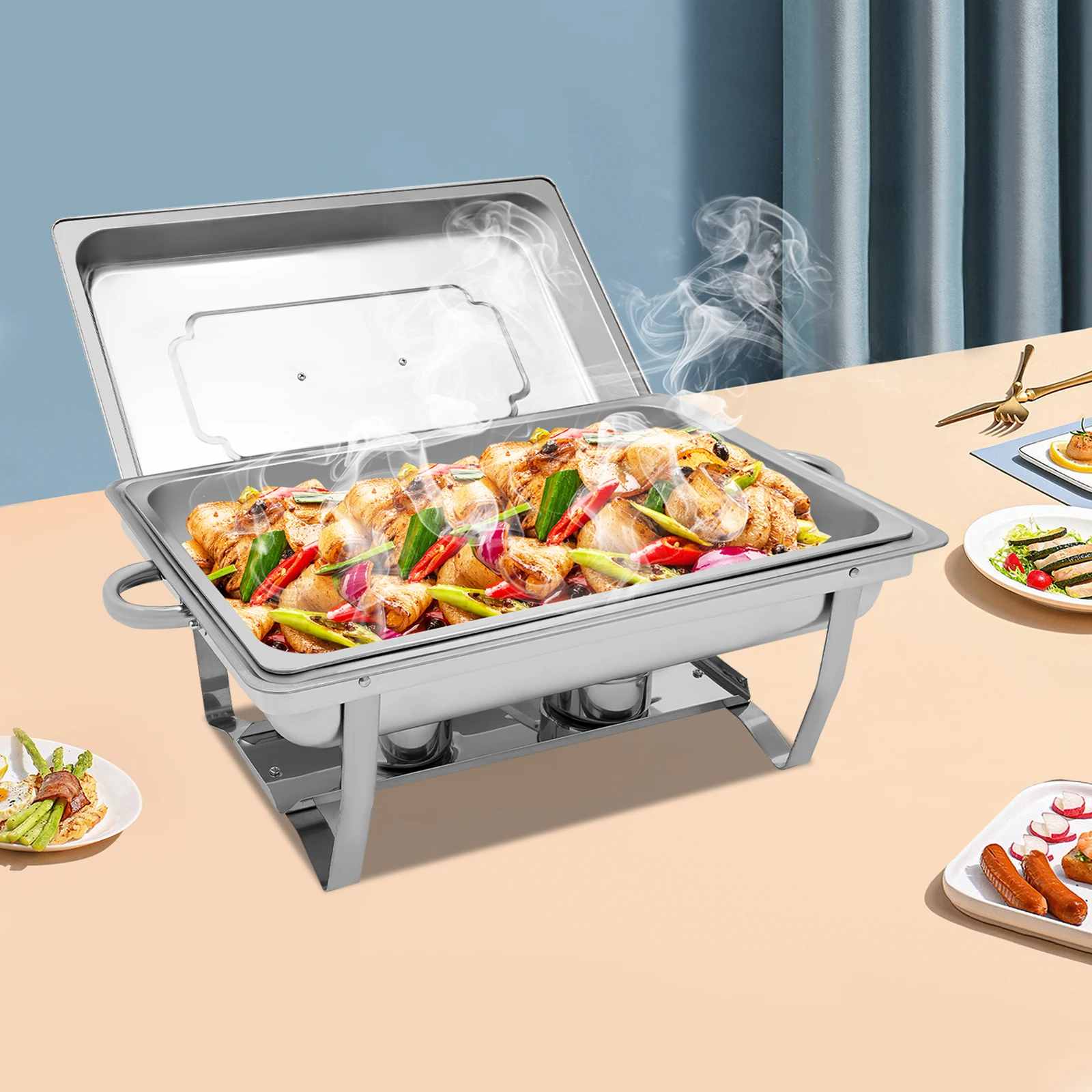 Speisenwärmer, Buffet-Server, Chafing Dish, 9 l, zusammenklappbar, Einzelgitter, Speiseherd, hält die Temperatur, Chafing Dish aus Edelstahl – Detail 1