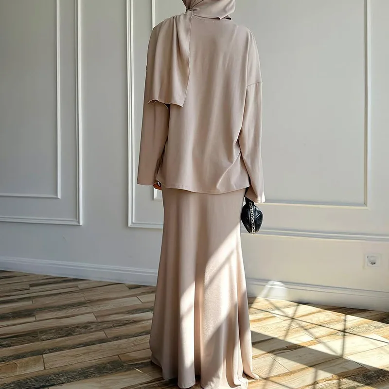 HKSH Spring Autumn New Women Two-piece Set O-neck Long Sleeve Solid Color Tee With Headscarf Casual Skirt Elegant Trendy HK12206