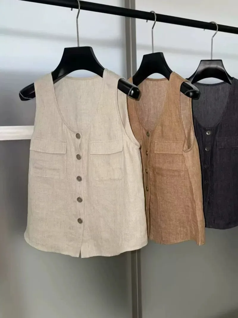 High-End Cotton Linen Sleeveless U-Neck Vest Women's Thin Versatile Layering Top Casual Style Multi-Pocket Lightweight Summer