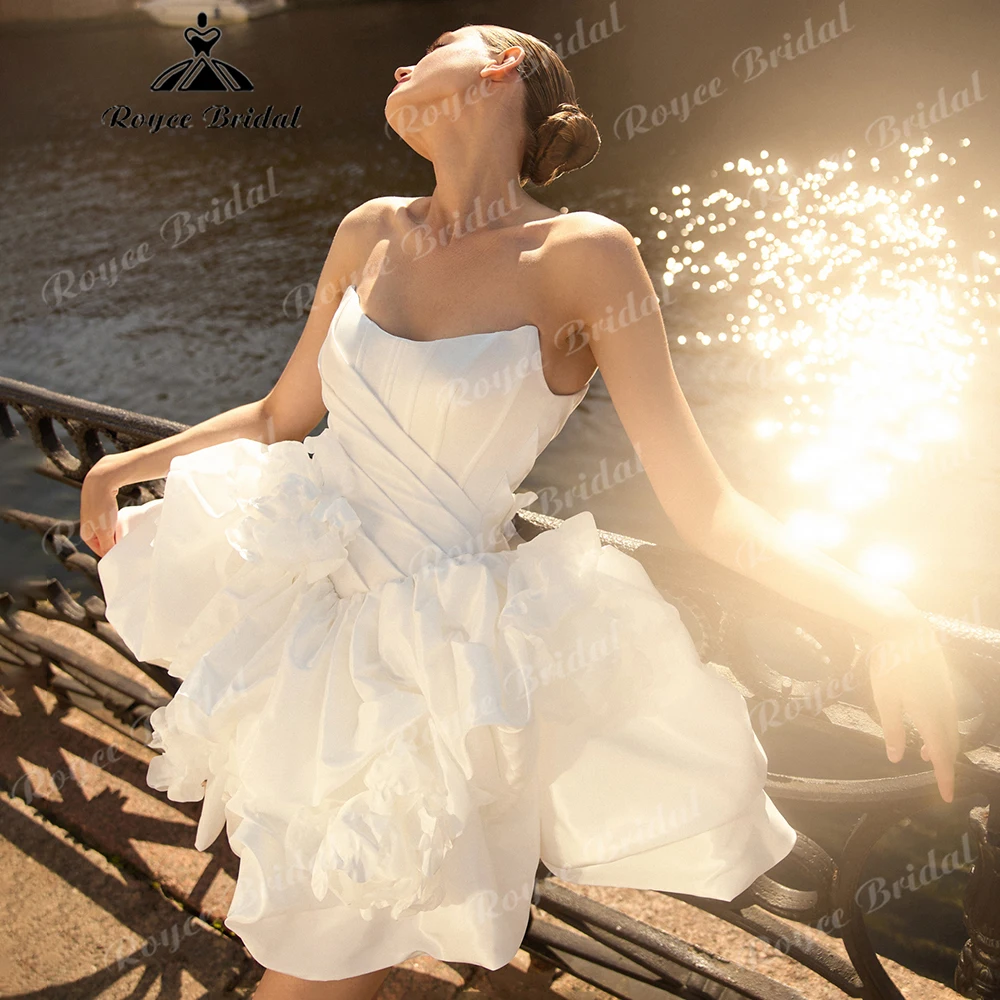 

2026 Strapless Satin Corset Mini Wedding Dress with 3D Floral Ruffle Skirt Lace Up Back Bridal Reception Dress Customized