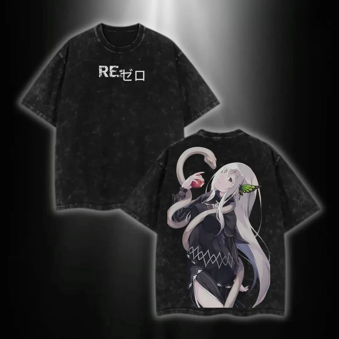 Echidna Re:ZERO Rem Anime T-shirt Gothic Y2k Washed Oversized Tee Shirt Tops Summer Short Sleeve Cotton Tops Men Women Clothing