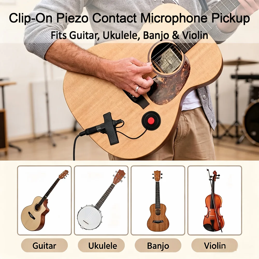Clip-On Piezo Contact Microphone Pickup, Self-Adhesive Round Clip with 6.35mm Output Jack for Guitar Violin Instrument Accessory