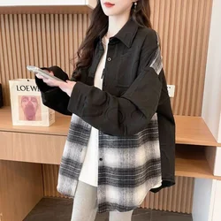 Casual Versatile Checkered Splicing Long Sleeved Women's Shirt Autumn Winter Large Size Loose Commuting Coat Top for Women