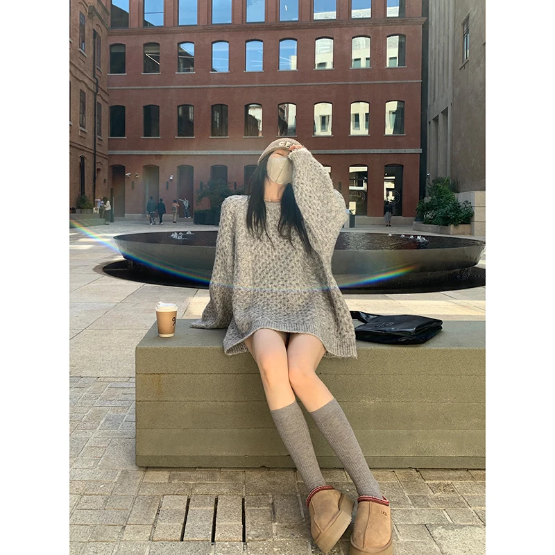 

Утепленный вязаный свитер-пуловер оверсайз для женщин: осенне-зимняя верхняя одежда, мягкий и теплый, с круглым вырезом