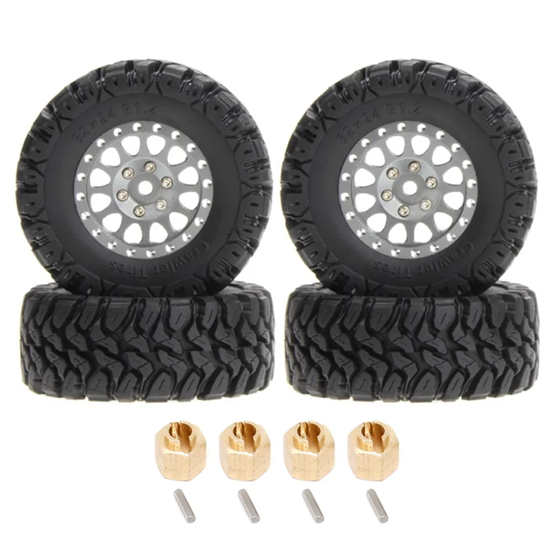 4Pcs 62X24mm 1.2 Inch Metal Beadlock Wheel Rim Tire Set for 1/18 1/24 RC Crawler Car TRX4M Axial SCX24 AX24 FCX24,4