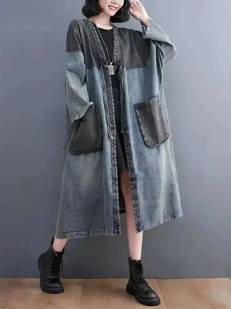 Causal Denim Contrast Color Pockets Lace-up Spliced V Neck Loose Long Women's Trench Coat 2026 Spring New 5ZD5LLH