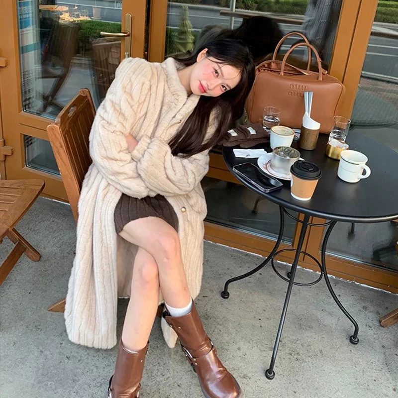 Women Faux Fur Long Coat Elegant Vintage Thick Warm Jacket Faux Mink Single Breasted Stand Collar Loose Casual Winter Outwear