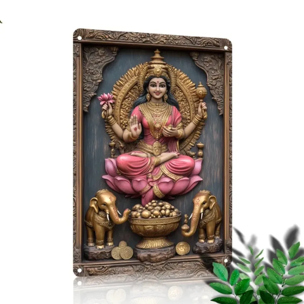 2D شقة 1 قطعة الألومنيوم آلهة لاكشمي والفيلة لوحة معدنية (LakshmiElephantArt) | ديكور الوفرة الروحية #4