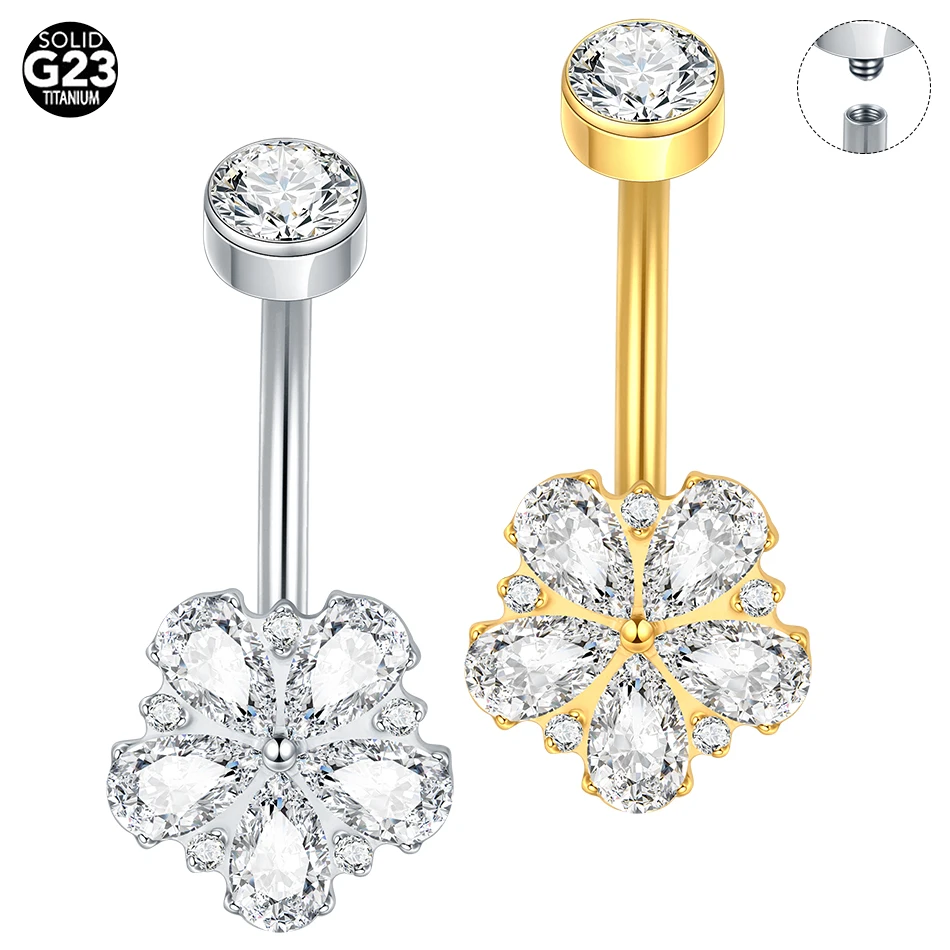 1pc Titanium Flower Zircon Navel Piercing Jewelry Internally Threaded Curved Barbell Belly Button Ring Piercings Omblig