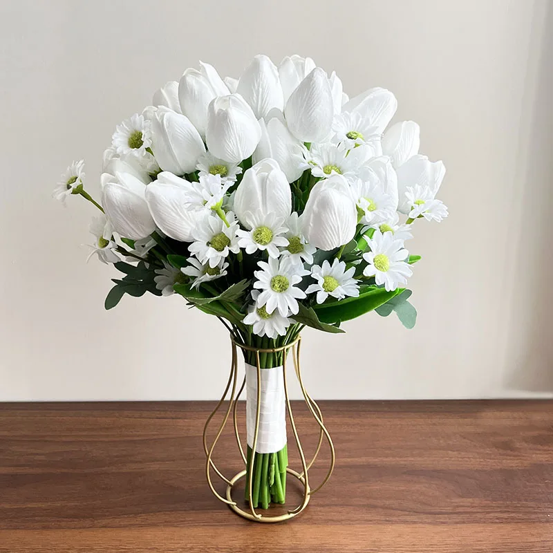 White Bridal Bouquet Wedding Flowers Accessories Tulips Artificial Real Touch Faux Bride Bouquets Centerpieces Party Table Decor