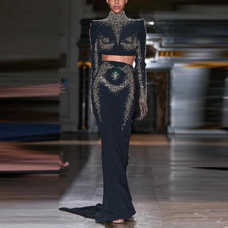 

New Fashionable Commuter Heavy Industry Embroidered Glitter Women's Long Sleeve Short Top+Fish Tail Half Skirt Set Two Piece Set