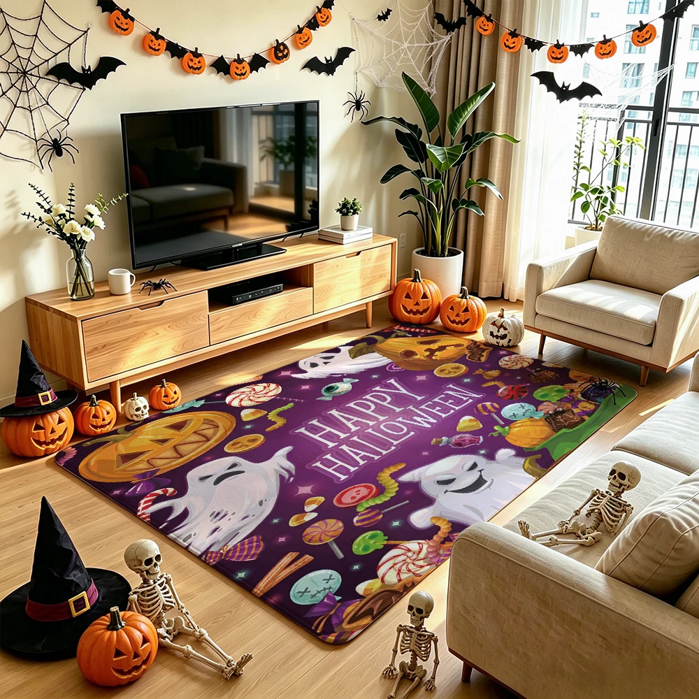 1 piece flannel with silicone bottom featuring  pumpkin and ghost candy theme suitable for decorating use in home environment