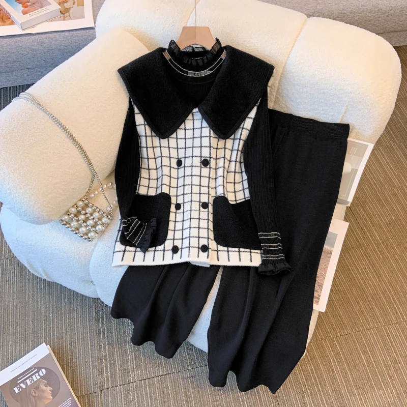 Winter Warm 3 Piece Sets Womens Outfits Office Ladies Turtleneck Knitted Sweater+Plaid Vest+wide Leg Knitting Pants Sets clothes