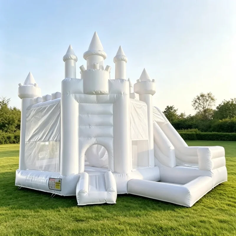 White Inflatable Bouncy Castle With Slide, Commercial PVC Bounce House Outdoor for Wedding Birthday Kids Party Event Rental Hire