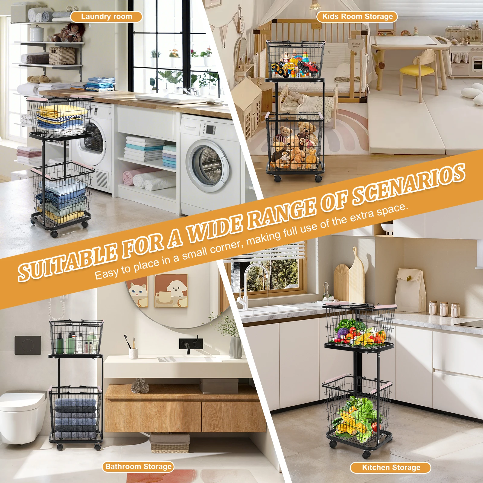 2 الطبقة المتداول سلة الغسيل مع عجلات سلة الغسيل عربة الغسيل الملابس سلة لغرفة الغسيل الحمام غرفة نوم #4