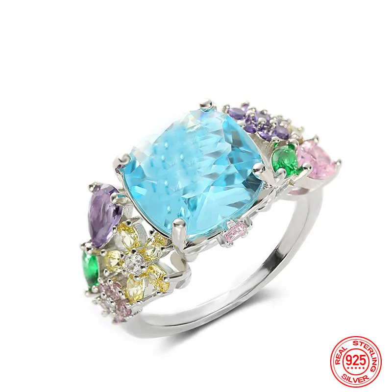 خاتم مربع من الأحجار الكريمة للنساء ، فضي إسترليني ، ملون ، هدية بريق ، مجوهرات الزفاف ، الموضة #5