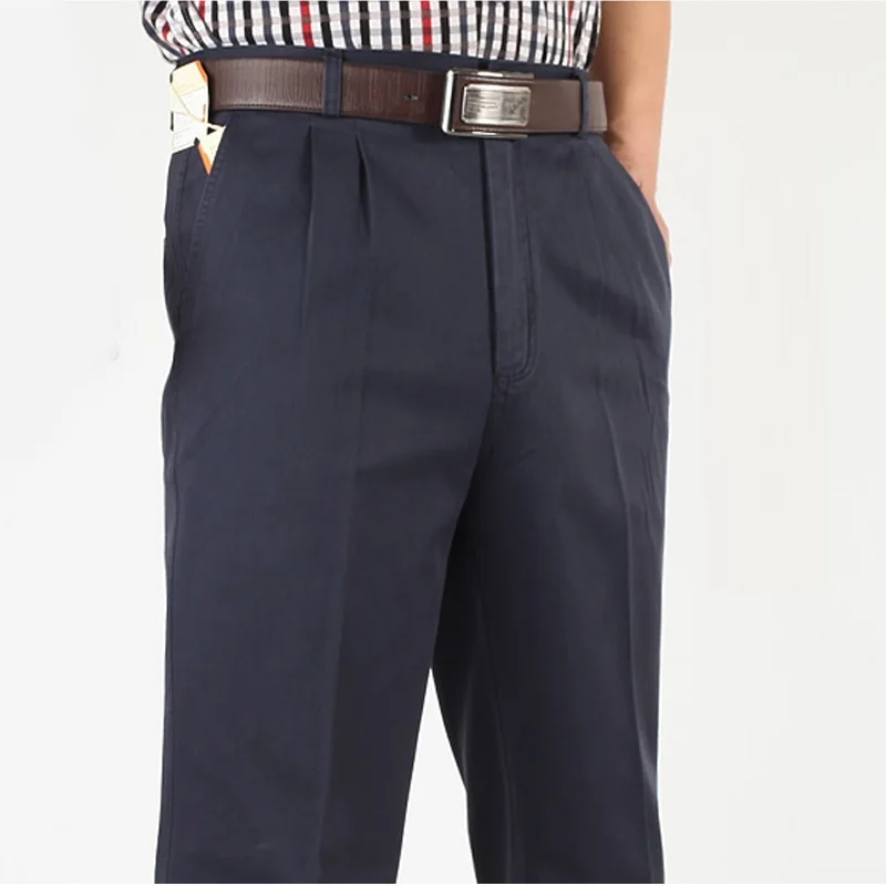 Double Pleated Casual Pants Men High Waist Straight Loose Classic Basic Trousers Male Autumn 100% Cotton Black Big Size 42 44 46