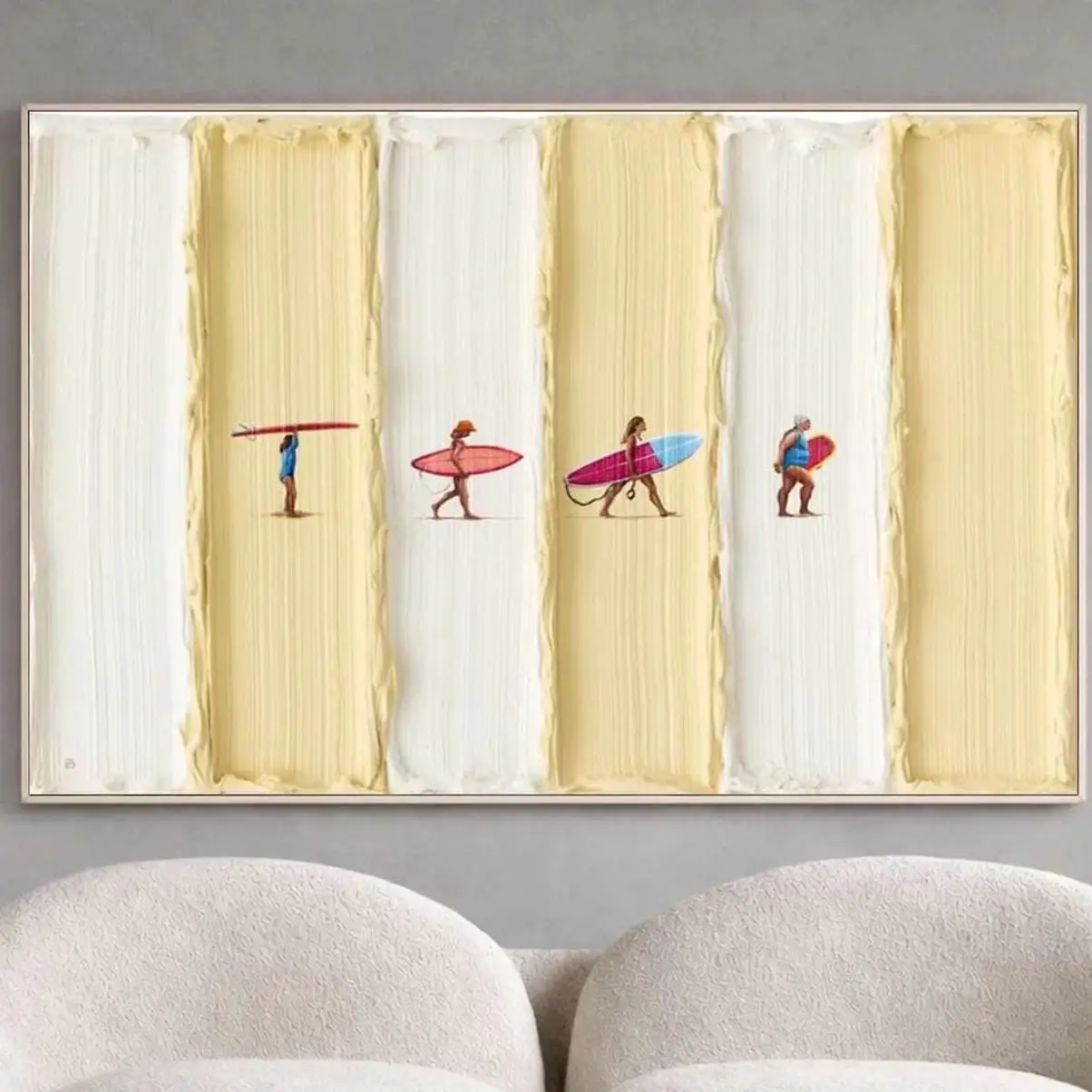(No frame)Cream Surfing Figures Wall Art Textured Coastal Beach Canvas Painting for Bedroom,Living Room,Office & Interior Spa