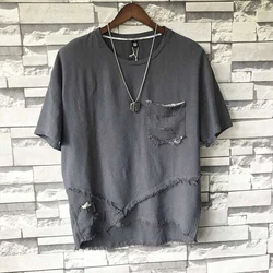 Summer Ripped Hold O Neck Short Sleeve Men T Shirt Fashion Harajuku Hip Hop Punk Irregular Grunge Clothes Streetwear Coffee Grey