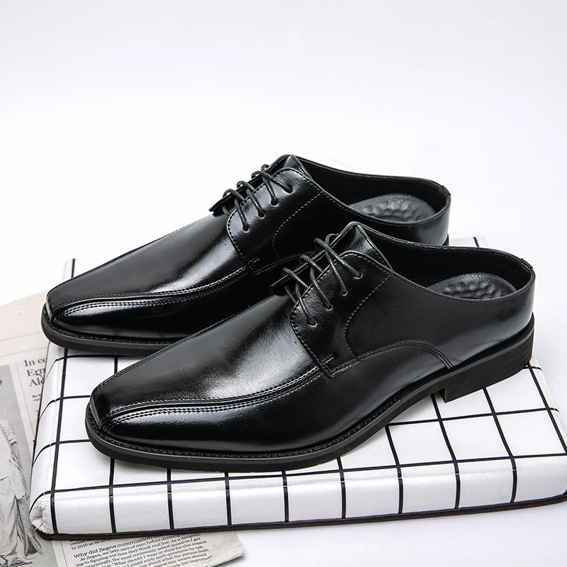 Leather Mules Men Backless Loafers Outdoor Closed Toe Business Dress Casual Shoes Half Slippers Slides Sandals Slip-on Sneaker