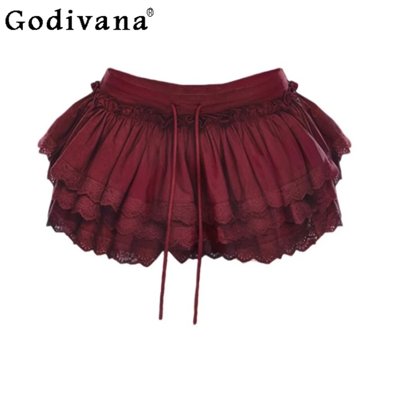 

Elegant Ballet Red Low Waist Mini Cake Skirt Female Sexy Temperament Lace Lace-up Solid Color Versatile Age Reduction Skirts