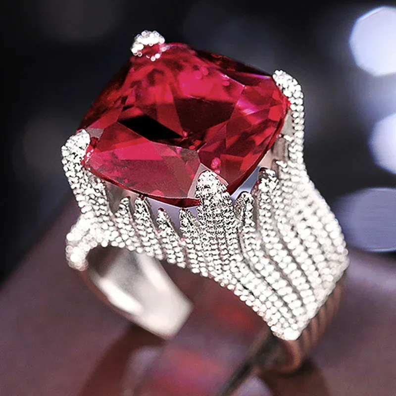 2024 Geometric Red Cubic Zircon Luxury Rings for Women Wedding Party Noble Female Accessories Fancy Gift Modern Trendy Jewelry