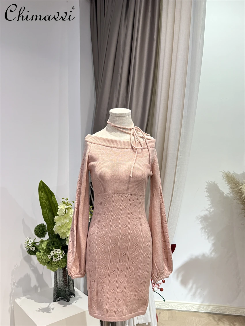 Estilo japonês oco para fora fino ajuste fora do ombro gravata cintura bodycon vestido de malha moda manga longa magro elegante vestido feminino