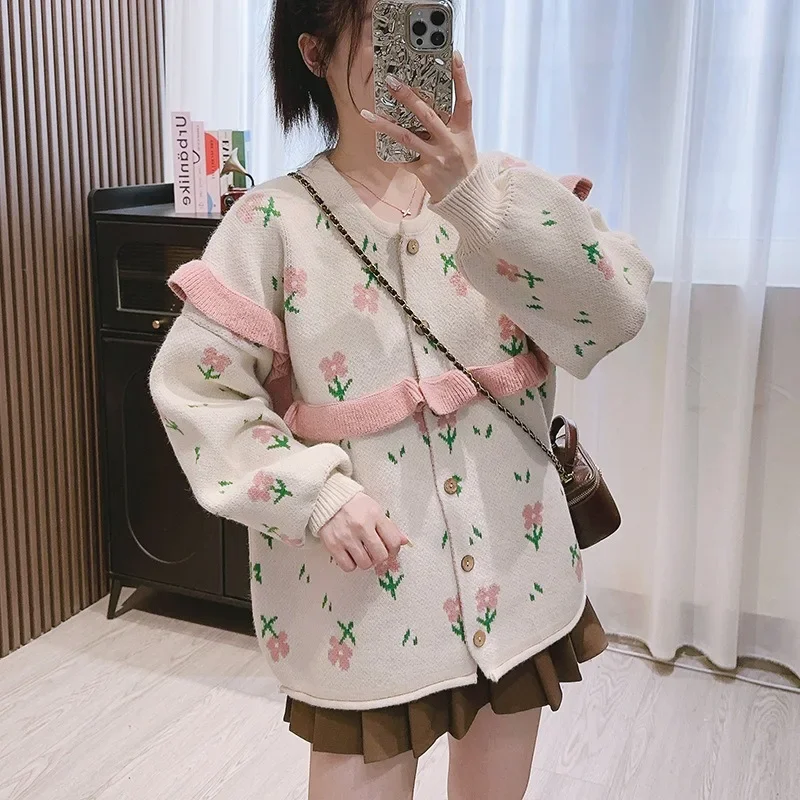 

O Neck Contrast Color Knit Outerwear Y2k Vintage Autumn Winter New Korean Sweater Jacket Single-breasted Flower Print Cardigan