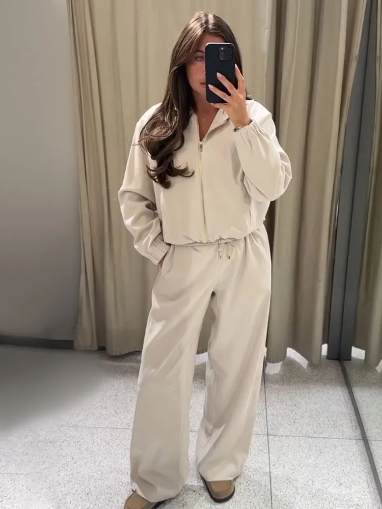 HH المرأة شيك التلبيب كم طويل جيوب طيات الديكور معطف قصير + حزام خصر مرن الصلبة فضفاض بنطلون موضة 2 قطعة مجموعة #1