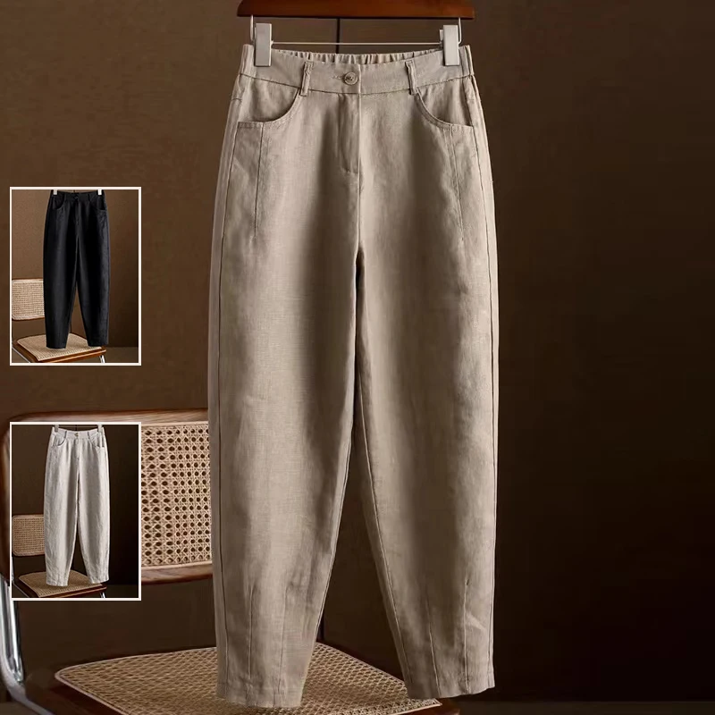 

Spring Good Quality Linen Soft Trousers For Women Solid Color High Waist Simple Casual Loose Mom Daily Home Female Harem Pants