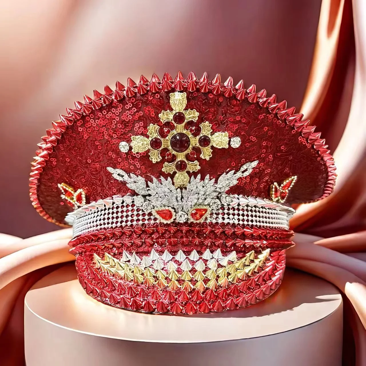 

HongLuan Yellow Laser Leather Loop Captain Hat Rhinestone & Military Caps for Woman, Rave Festivals Accessories ＆ Party Cap Man