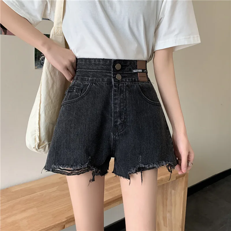 

Black Hole Denim Shorts Women's Summer Loose Fit Wide Leg Pants High Waist Zipper Closure Washed Effect Deep Color