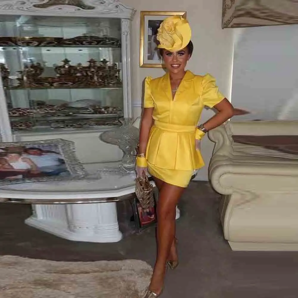 Customized Yellow Satin Two Piece Outfit Puff Sleeve Blazer Top Pleated Mini Skirt Cocktail Gown Cuffs Sheer Mesh Back Suit Set