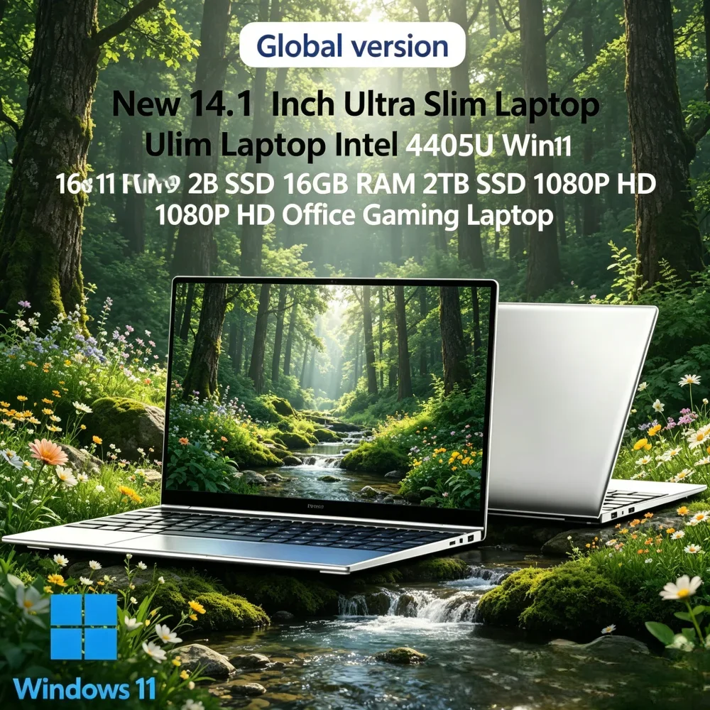 

New 14.1 Inch Ultra Slim Laptop Intel 4405U Win11 Pro 16GB RAM 2TB SSD 1080P HD Office Gaming Laptop