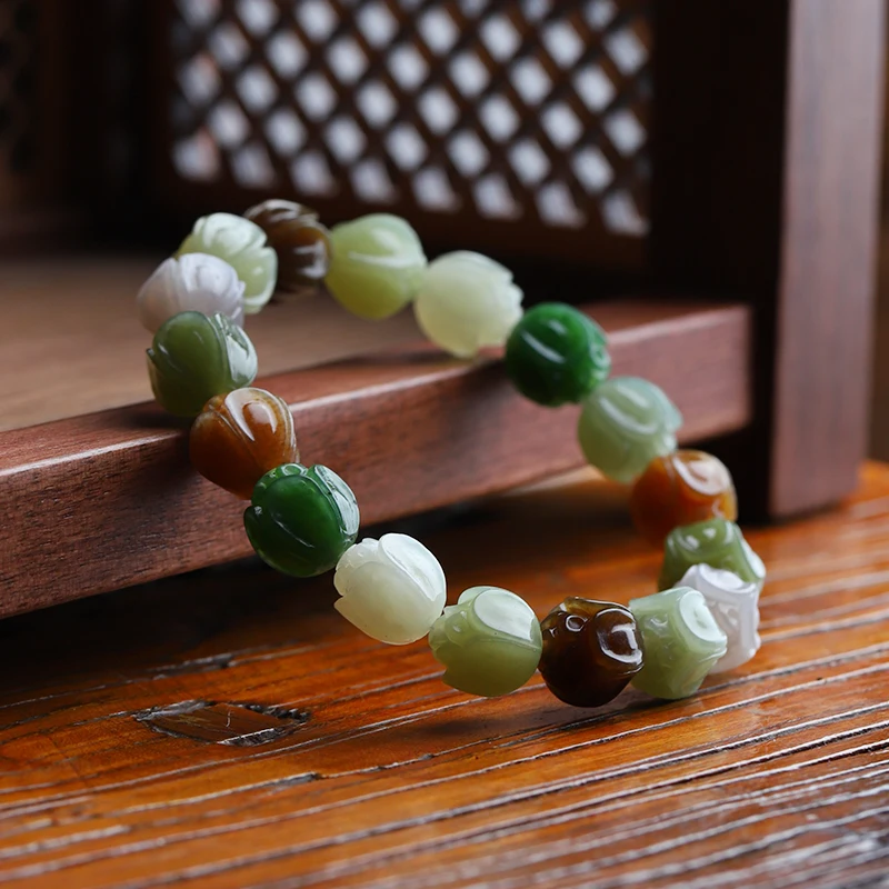 

New Hetian Jade Lotus Bracelet Women's Duobao Jade Bracelet Jasper White Buddha Bead Certificate