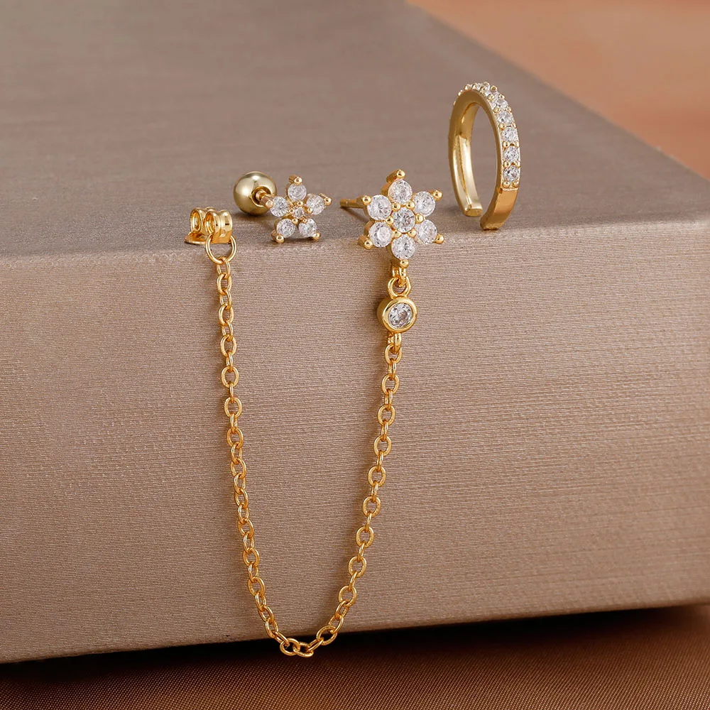 3PCS Cute Delicate Crystal Two Flower Earrings Set For Women 14K Gold Plated Stainless Steel Chain Ear Stud Piercing Jewelry