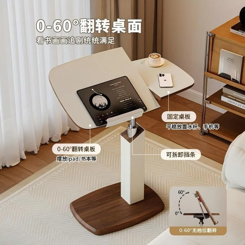 Modern Rolling Side Table Adjustable Rectangular Top Metal Frame Saddle Leather Finish Sofa Bedside Living Room Bedroom Home