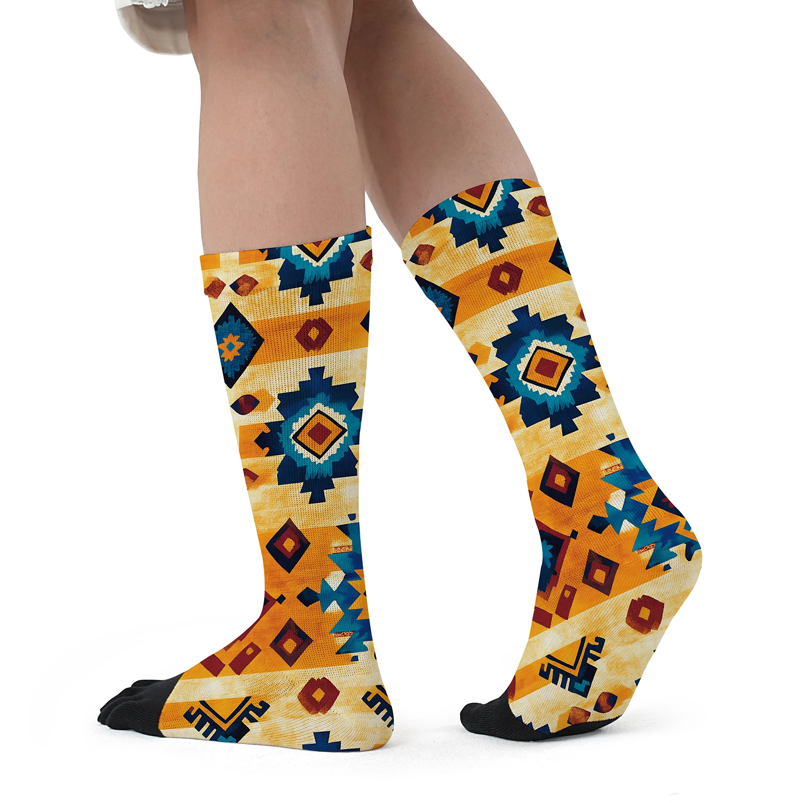 1pair of Boho square check Mosaic print personality mid-tube sports fashion five-finger socks party Stretchy comfortable cute