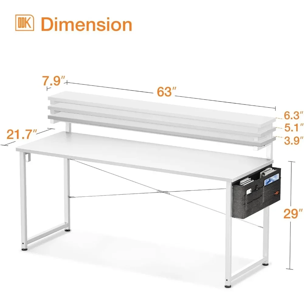 Computer Desk with Adjustable Monitor Shelves, 63 inch Home Office Desk with Monitor Stand, Writing Desk, Study Workstation