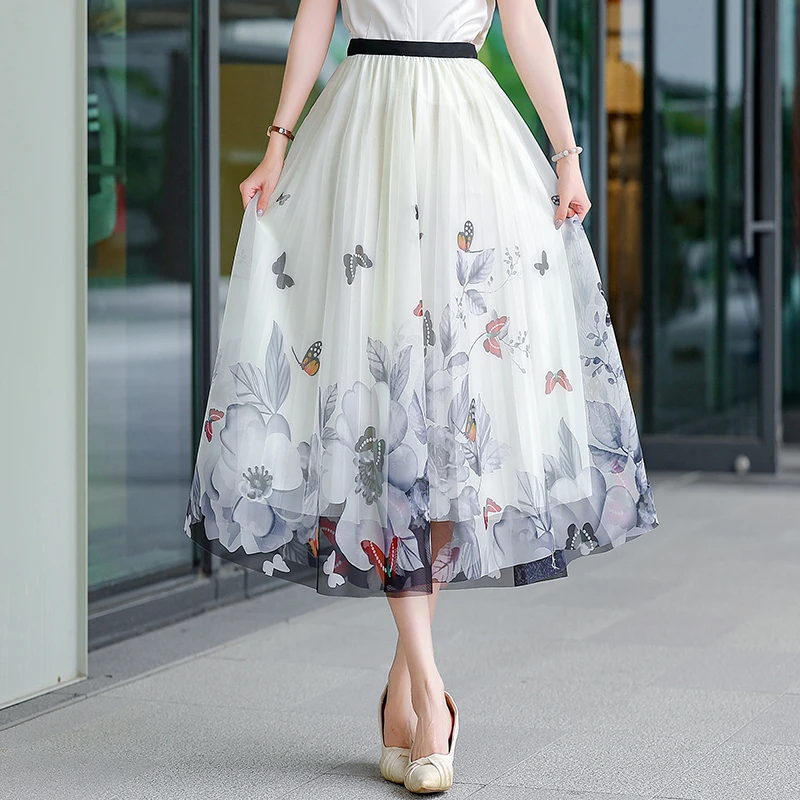 Simplicity Pleated Knee-length Skirts Loose Temperament Printing Fashion Women's Clothing Casual Spring Summer Thin Intellectual