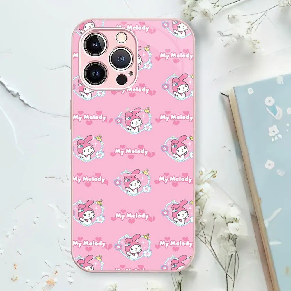 MINISO Sanrio My Melody Phone Case For iPhone 11 12 13 14 Mini Pro XS Max X S Plus XR Electroplated Painted Glass Shell